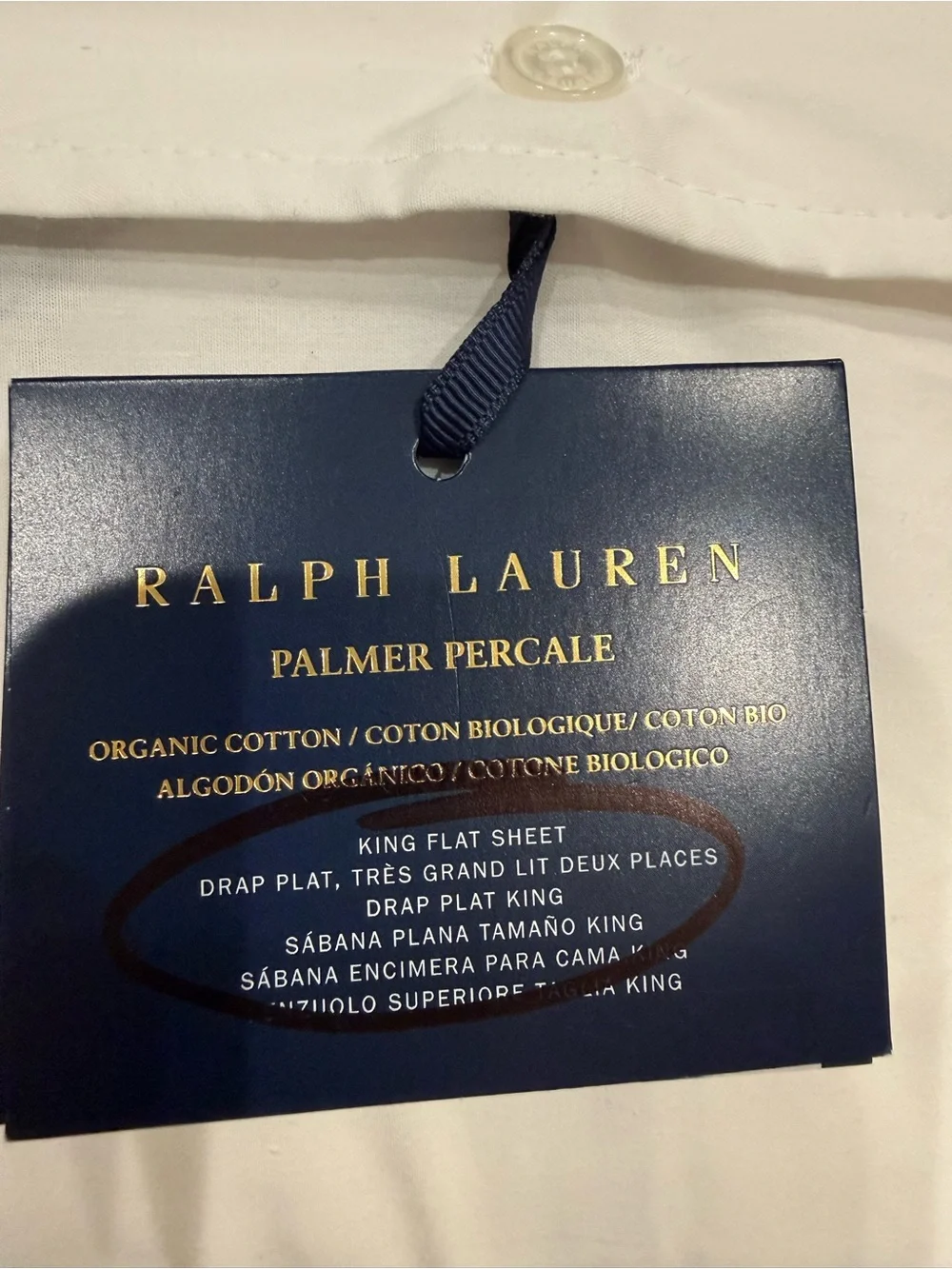 Ralph Lauren Organic Cotton Palmer Percale King Size Flat Sheet, White/Polo Navy